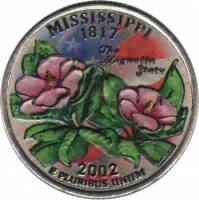 (020p) Монета США 2002 год 25 центов "Миссисипи"  Вариант №2 Медь-Никель  COLOR. Цветная