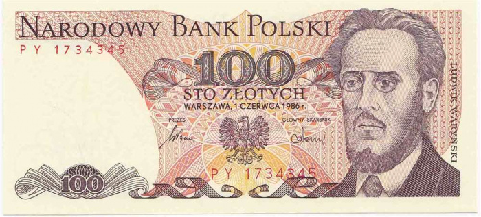 (1986) Банкнота Польша 1986 год 100 злотых &quot;Людвиг Варинский&quot;   UNC