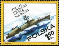 (1973-047) Марка Польша "Военный корабль"    30-летие Польской народной Армии II Θ