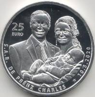 (2020) Монета Люксембург 2020 год 25 евро "Рождение Принца Чарльза"  Серебро Ag 925  PROOF