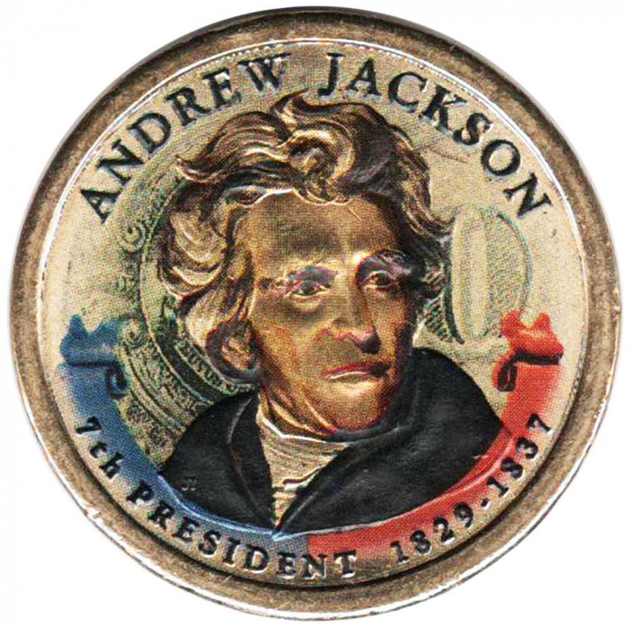 (07d) Монета США 2008 год 1 доллар &quot;Эндрю Джексон&quot;  Вариант №2 Латунь  COLOR. Цветная
