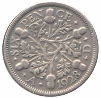 (1928) Монета Великобритания 1928 год 6 пенсов "Георг V"  Серебро Ag 500  UNC