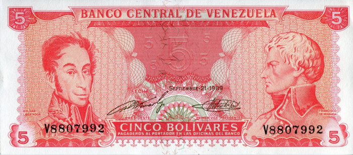 (1989) Банкнота Венесуэла 1989 год 5 боливаров &quot;Сомон Боливар и Франсиско Миранда&quot;   UNC