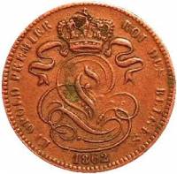 (№1862km1.4) Монета Бельгия 1862 год 1 Centime (Без остановки в подписи)
