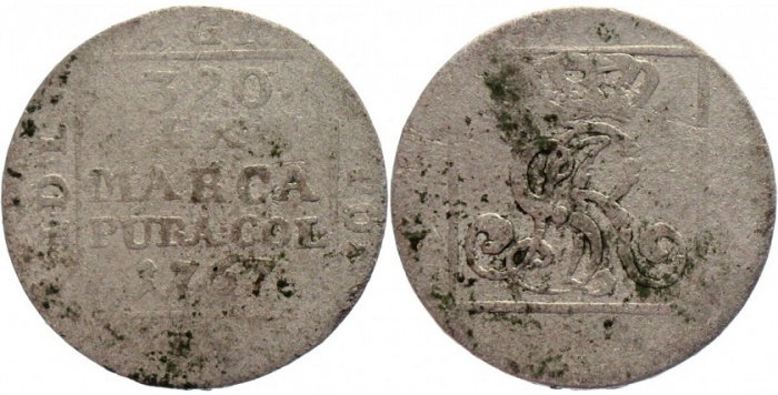 1767 Монета Польша 1767 год 1 серебряный грош Станислав Август Понятовский  Серебро Ag 375  F
