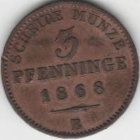 1868B Монета Германия (Пруссия) 3 пфеннинга / 1/120 талера Медь  VF