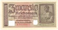 1939-1944 Банкнота Германия Оккупация Европы 20 марок Дюрер Портрет архитектора   VF