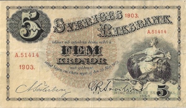 (,) Банкнота Швеция 1903 год 5 крон &quot;Густав I Васа&quot;   UNC