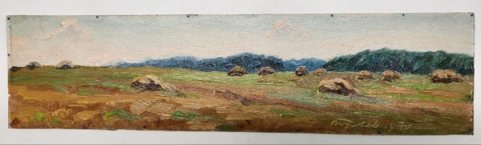 Картина Тулаев В. Н. 1970 г. Поле широкое Пейзаж масло картон 35х9 см