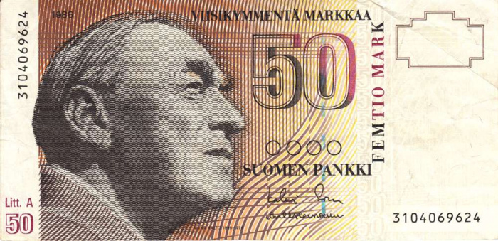 (1986 Litt A) Банкнота Финляндия 1986 год 50 марок &quot;Алвар Аалто&quot; Sorsa - Heinonen  VF