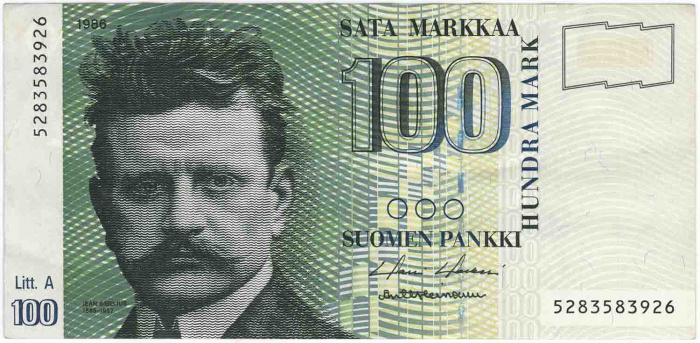 (1986 Litt A) Банкнота Финляндия 1986 год 100 марок &quot;Ян Сибелиус&quot; Holkeri - Heinonen  XF