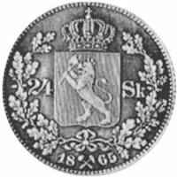 (№1865km327) Монета Норвегия 1865 год 24 Skilling