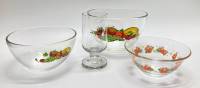 Салатники 3 шт + бокал, стекло с рисунком цветы и фрукты