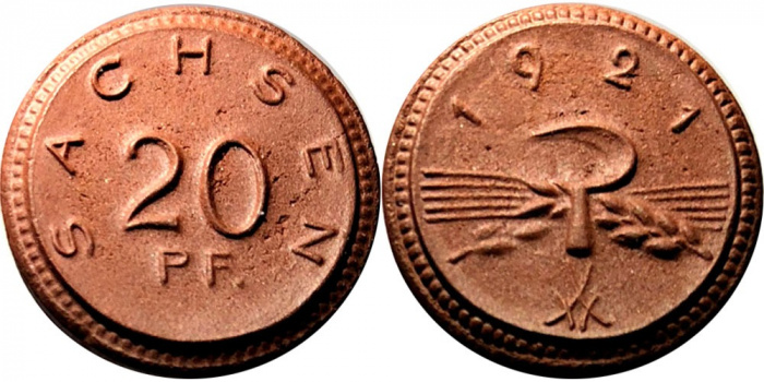 (1921) Монета-нотгельд Германия (Саксония) 1921 год 20 пфеннингов &quot;Серп&quot;  Фарфор  UNC