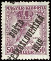 (1919-161) Марка Чехословакия "Карл IV (Пурпурная)"    Марки Австрии и Венгрии, с черной или синей п