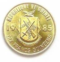 () Монета Гвинея 1985 год 10 франков ""  Сталь, покрытая Латунью  UNC