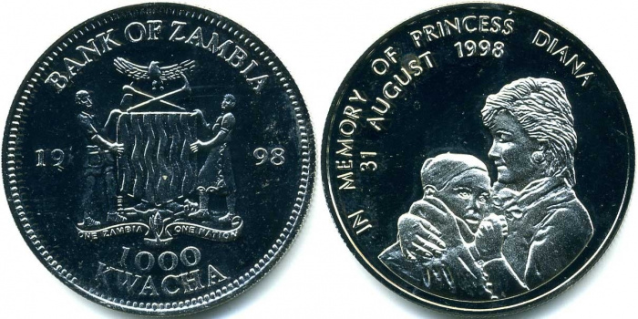 (1998) Монета Замбия 1998 год 1000 квача &quot;Принцесса Диана&quot;  Медь-Никель  PROOF