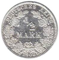 1908A Монета Германия Пруссия 1/2 марки  Серебро Ag 900  XF