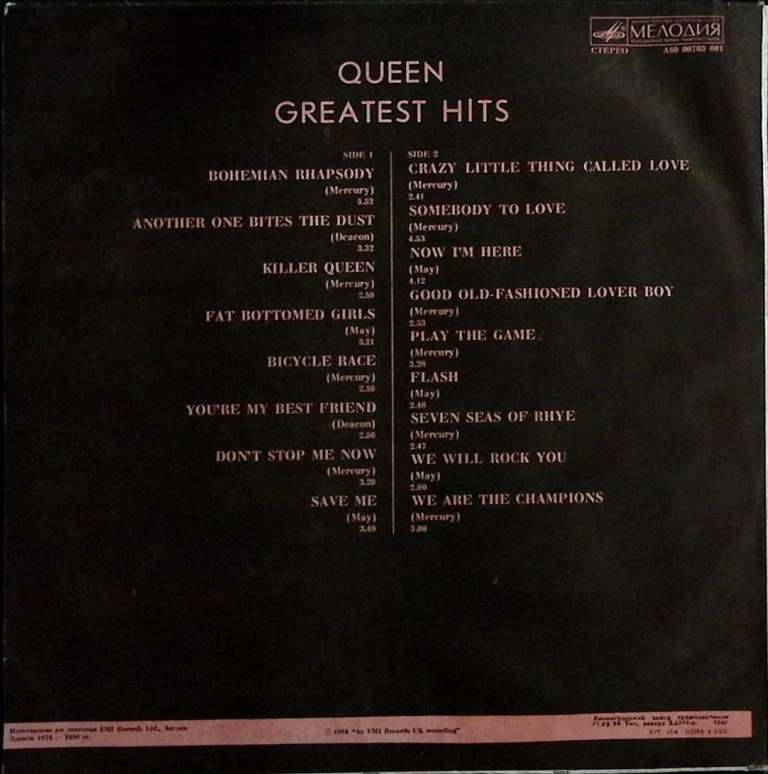 Пластинка виниловая Queen Greatest hits Мелодия 300 мм. (сост. на фото)