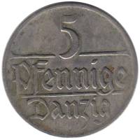 1923 Монета Вольный город Данциг 5 пфеннингов  Сталь  XF