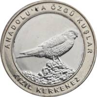 (2019) Монета Турция 2019 год 1 куруш "Степная пустельга" Внешнее кольцо жёлтое Биметалл  UNC