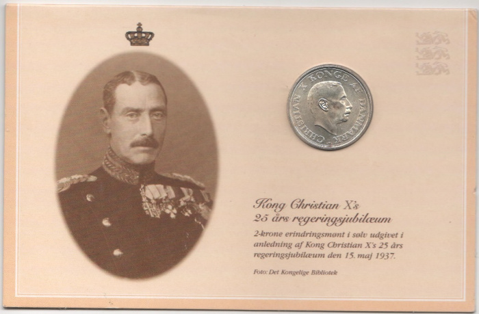 (1937) Монета Дания 1937 год 2 кроны &quot;Кристиан X 25 лет коронации&quot;  Серебро Ag 800  Буклет