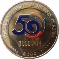 () Монета Южная Корея 2000 год 5000 вон ""  Алюминиево-Никелево-Бронзовый сплав (Al-Ni-Br)  UNC