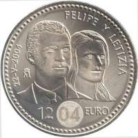 (2004) Монета Испания 2004 год 12 евро "Филипп и Летиция"  Серебро Ag 925  UNC