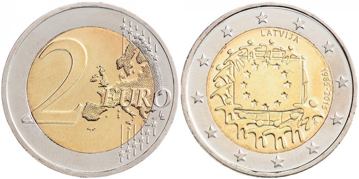 (003) Монета Латвия 2015 год 2 евро &quot;30 лет флагу Европы&quot;  Биметалл  UNC