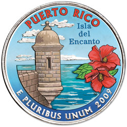 (052d) Монета США 2009 год 25 центов &quot;Пуэрто-Рико&quot;  Вариант №1 Медь-Никель  COLOR. Цветная