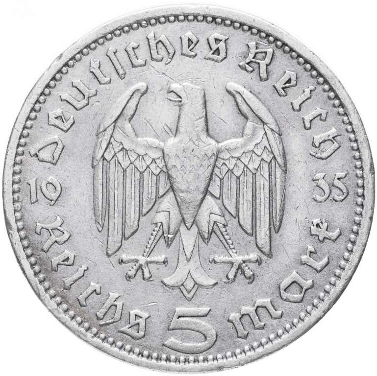 (1935d) Монета Германия (Рейх) 1935 год 5 марок &quot;Пауль Гинденбург&quot; Без свастики Серебро Ag 900  VF
