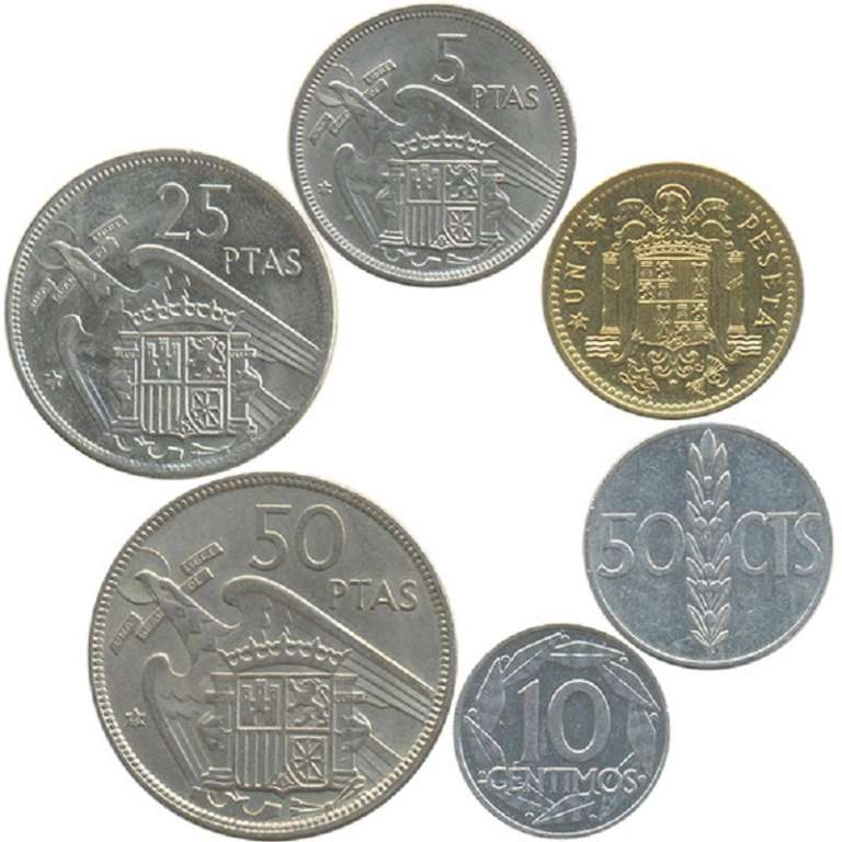 (6 монет 10 50 сантимов 1 5 25 50 песет) Набор монет Испания 1957-1966 год &quot;Франсиско Франко&quot;   UNC