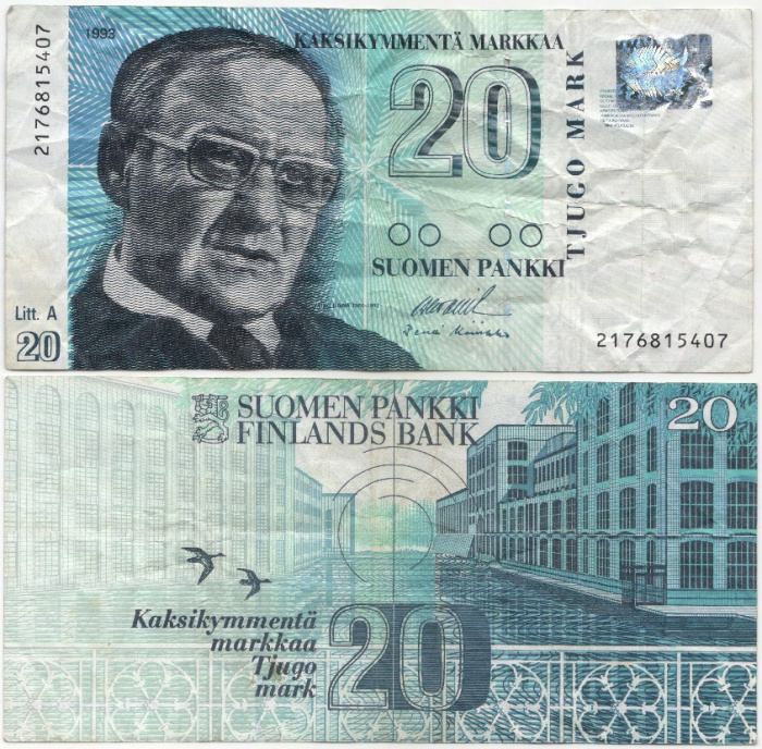 (1993 Litt A) Банкнота Финляндия 1993 год 20 марок &quot;Вяйнё Линна&quot; Ollila - Koivikko  VF