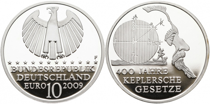(2009F) Монета Германия (ФРГ) 2009 год 10 евро &quot;Законы Кеплера 400 лет&quot;  Серебро Ag 925  UNC