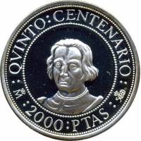 (1989) Монета Испания 1989 год 2000 песет "Открытие Америки. 500 лет"  Серебро Ag 925  PROOF