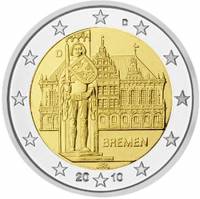 (007) Монета Германия (ФРГ) 2010 год 2 евро "Бремен" Двор D Биметалл  UNC