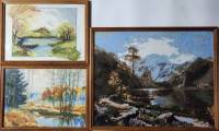 Картины вышитые панно вышивка 3 штуки пейзажи в деревянных рамах СССР винтаж 