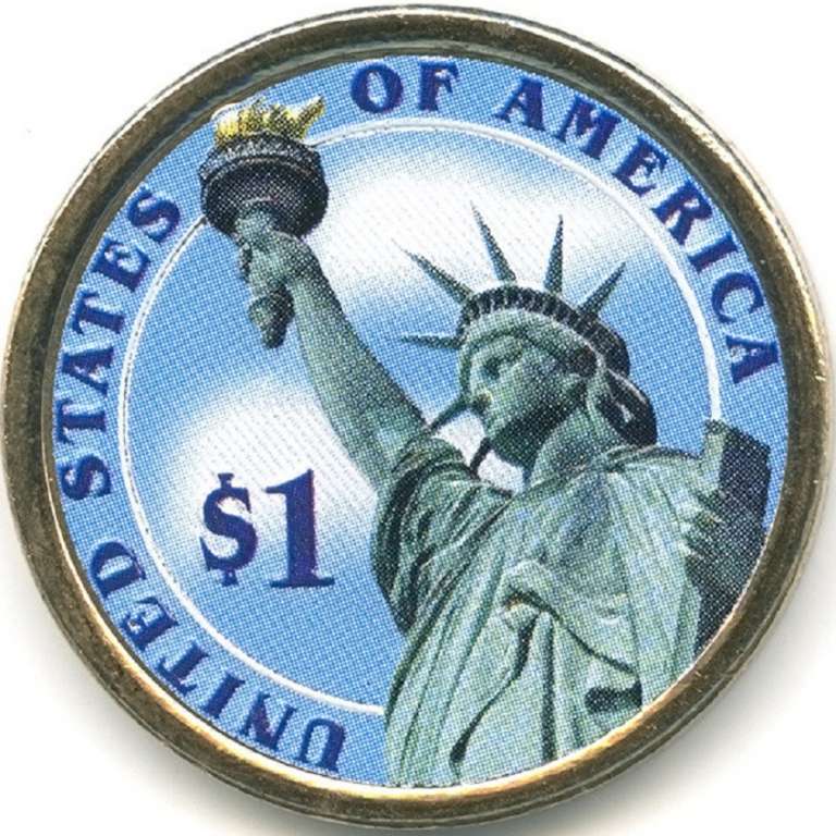 (16d) Монета США 2010 год 1 доллар &quot;Авраам Линкольн&quot;  Вариант №1 Латунь  COLOR. Цветная