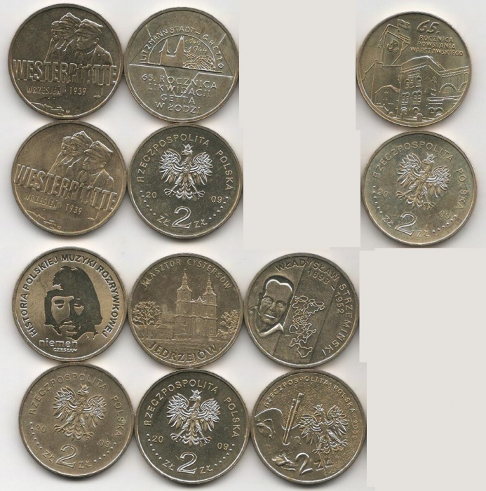 173 175 179 180 183 186 6 монет по 2 злотых Набор монет Польша 2009 год   UNC