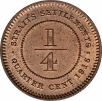 (№1916km27) Монета Стрейтс Сетлментс 1916 год frac14; Cent