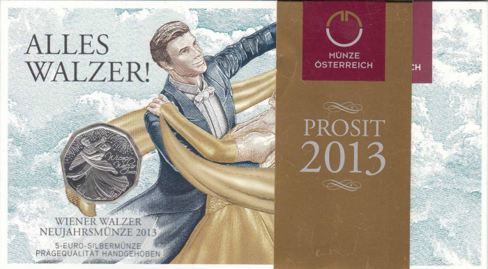 (023, Ag) Монета Австрия 2013 год 5 евро &quot;Венский вальс&quot;  Биметалл (Серебро - Ниобиум)  Буклет