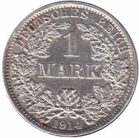 (1914A) Монета Германия (Империя) 1914 год 1 марка   Серебро Ag 900  XF
