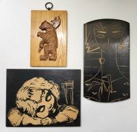 Панно деревянные СССР 3 шт Герб Ярославля Медведь с секирой Девушка и Ребенок на черном фоне