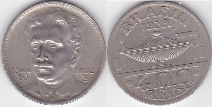 1938 Монета Бразилия 400 реалов (рейсов) Освальдо Круз  Медь-Никель  VF