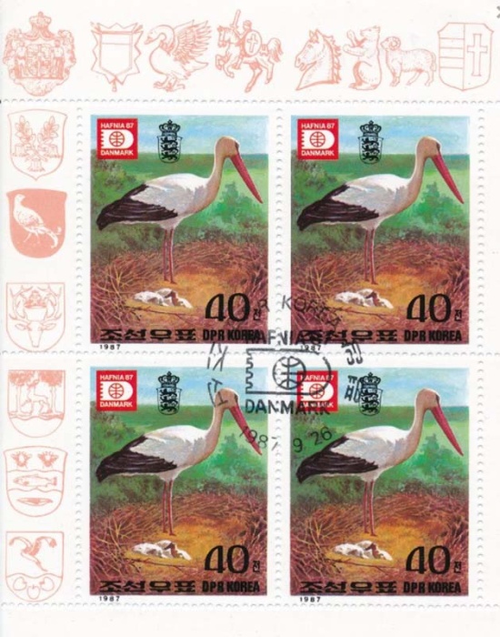 (1987-090a) Лист (4м) Северная Корея "Аист"   Выставка почтовых марок "Hafnia '87" - Копенгаген, Дан