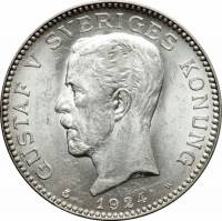 (1924) Монета Швеция 1924 год 1 крона "Густав V"  Серебро Ag 800  UNC