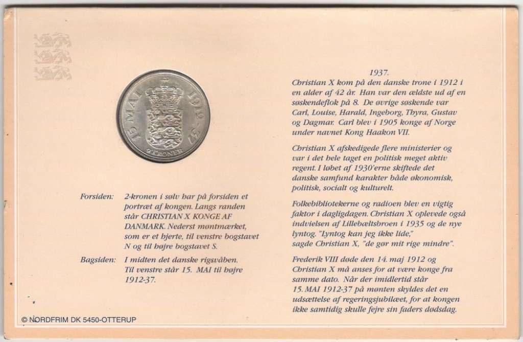 (1937) Монета Дания 1937 год 2 кроны &quot;Кристиан X 25 лет коронации&quot;  Серебро Ag 800  Буклет
