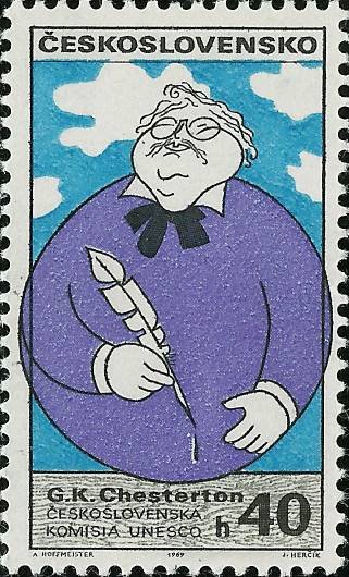 (1969-029) Марка Чехословакия "Г. Честертон"    Деятели мировой культуры в карикатурах III &Theta;