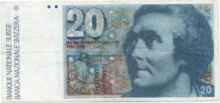 (1980) Банкнота Швейцария 1983 год 20 франков &quot;Орас Бенедикт де Соссюр&quot; Wyss - Leutwiler  VF