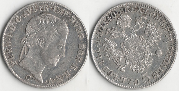 1840c Монета Австро-Венгрия 5 крейцеров Фердинанд I  Серебро Ag 438  XF